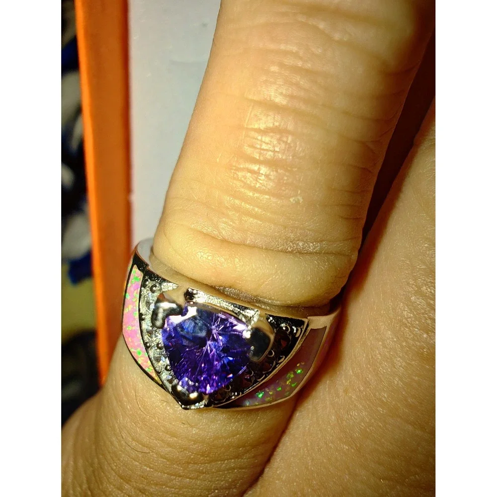 Ring Sterling Silver Purple Trillion Pink Lab Opal Statement SR016336-PO Size 5